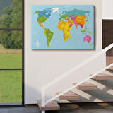 Pusulalı İngilizce Dünya Haritası Renkli Dekoratif Kanvas Tablo, Duvar Dekoru 1072