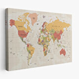 Meridyenli İngilizce Dünya Haritası Renkli Dekoratif Kanvas Tablo, Duvar Dekoru 1078