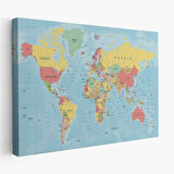 Meridyenli İngilizce Dünya Haritası Renkli Dekoratif Kanvas Tablo, Duvar Dekoru 1080