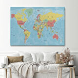 Meridyenli İngilizce Dünya Haritası Renkli Dekoratif Kanvas Tablo, Duvar Dekoru 1080