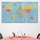 Meridyenli İngilizce Dünya Haritası Renkli Dekoratif Kanvas Tablo, Duvar Dekoru 1080