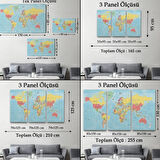 Meridyenli İngilizce Dünya Haritası Renkli Dekoratif Kanvas Tablo, Duvar Dekoru 1080