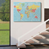Meridyenli İngilizce Dünya Haritası Renkli Dekoratif Kanvas Tablo, Duvar Dekoru 1080