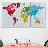 Kıtalara Göre Renkli İngilizce Dünya Haritası Dekoratif Kanvas Tablo, Duvar Dekoru 1090