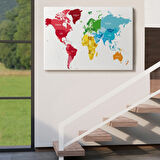 Kıtalara Göre Renkli İngilizce Dünya Haritası Dekoratif Kanvas Tablo, Duvar Dekoru 1090