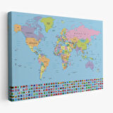 Mavi Zemin Bayraklı İngilizce Dünya Haritası Dekoratif Kanvas Tablo, Duvar Dekoru 1094