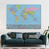Mavi Zemin Bayraklı İngilizce Dünya Haritası Dekoratif Kanvas Tablo, Duvar Dekoru 1094