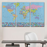 Mavi Zemin Bayraklı İngilizce Dünya Haritası Dekoratif Kanvas Tablo, Duvar Dekoru 1094