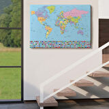 Mavi Zemin Bayraklı İngilizce Dünya Haritası Dekoratif Kanvas Tablo, Duvar Dekoru 1094