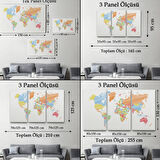 Estetik Renkli Dünya Haritası Dekoratif Kanvas Tablo, Duvar Dekoru 1100