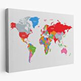 Beyaz Zemin Canlı Renkler İngilizce Dünya Haritası Dekoratif Kanvas Tablo, Duvar Dekoru 1102
