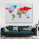 Beyaz Zemin Canlı Renkler İngilizce Dünya Haritası Dekoratif Kanvas Tablo, Duvar Dekoru 1102