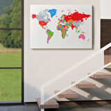 Beyaz Zemin Canlı Renkler İngilizce Dünya Haritası Dekoratif Kanvas Tablo, Duvar Dekoru 1102