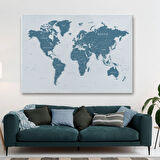 Mavi Ton İngilizce Dünya Haritası Detaylı Dekoratif Kanvas Tablo, Duvar Dekoru 1109