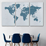 Mavi Ton İngilizce Dünya Haritası Detaylı Dekoratif Kanvas Tablo, Duvar Dekoru 1109