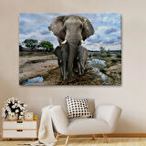 Fil ve Yavruları, Hayvan Temalı Dekoratif Kanvas Tablo, Duvar Dekoru 1134