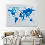 Ülke ve Başkentli Türkçe Dünya Haritası, Modern Dekoratif Kanvas Tablo, Duvar Dekoru 1500