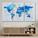 Ülke ve Başkentli Türkçe Dünya Haritası, Modern Dekoratif Kanvas Tablo, Duvar Dekoru 1500