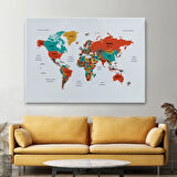 Ülke ve Başkentli Türkçe Dünya Haritası, Modern Dekoratif Kanvas Tablo, Duvar Dekoru 1516