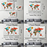 Ülke ve Başkentli Türkçe Dünya Haritası, Modern Dekoratif Kanvas Tablo, Duvar Dekoru 1516
