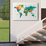 Ülke ve Başkentli Türkçe Dünya Haritası, Modern Dekoratif Kanvas Tablo, Duvar Dekoru 1530