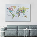 Ülke ve Başkentli Türkçe Dünya Haritası, Modern Dekoratif Kanvas Tablo, Duvar Dekoru 1532