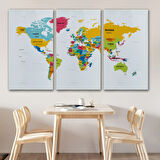 Ülke ve Başkentli İngilizce Dünya Haritası, Harita Dekoratif Kanvas Tablo, Duvar Dekoru 1543