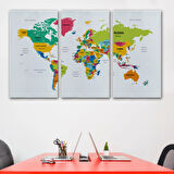 Ülke ve Başkentli İngilizce Dünya Haritası, Harita Dekoratif Kanvas Tablo, Duvar Dekoru 1545