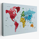 Renkli Zeminli Detaylı İngilizce Dünya Haritası, Harita Dekoratif Kanvas Tablo, Duvar Dekoru 1700