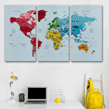 Renkli Zeminli Detaylı İngilizce Dünya Haritası, Harita Dekoratif Kanvas Tablo, Duvar Dekoru 1700
