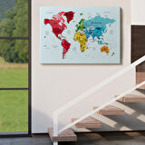 Renkli Zeminli Detaylı İngilizce Dünya Haritası, Harita Dekoratif Kanvas Tablo, Duvar Dekoru 1700