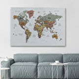 Renkli Zeminli Detaylı Türkçe Dünya Haritası, Harita Dekoratif Kanvas Tablo, Duvar Dekoru 1701