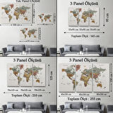 Renkli Zeminli Detaylı Türkçe Dünya Haritası, Harita Dekoratif Kanvas Tablo, Duvar Dekoru 1701