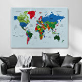 Renkli Zeminli Detaylı Türkçe Dünya Haritası, Harita Dekoratif Kanvas Tablo, Duvar Dekoru 1703