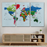 Renkli Zeminli Detaylı Türkçe Dünya Haritası, Harita Dekoratif Kanvas Tablo, Duvar Dekoru 1703
