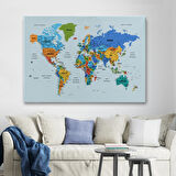 Renkli Zeminli Detaylı Türkçe Dünya Haritası, Harita Dekoratif Kanvas Tablo, Duvar Dekoru 1707