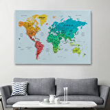 Renkli Zeminli Detaylı İngilizce Dünya Haritası, Harita Dekoratif Kanvas Tablo, Duvar Dekoru 1710
