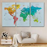 Renkli Zeminli Detaylı İngilizce Dünya Haritası, Harita Dekoratif Kanvas Tablo, Duvar Dekoru 1710