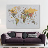 Ünlü Yerler Sembollü Detaylı Türkçe Dünya Haritası Dekoratif Kanvas Tablo, Duvar Dekoru 1747