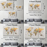 Ünlü Yerler Sembollü Detaylı Türkçe Dünya Haritası Dekoratif Kanvas Tablo, Duvar Dekoru 1747