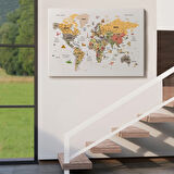 Ünlü Yerler Sembollü Detaylı Türkçe Dünya Haritası Dekoratif Kanvas Tablo, Duvar Dekoru 1747