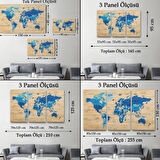 Detaylı Ahşap Görünümlü İngilizce Dünya Haritası Dekoratif Kanvas Tablo, Duvar Dekoru 1788