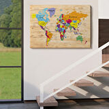 Detaylı Ahşap Görünümlü İngilizce Dünya Haritası Dekoratif Kanvas Tablo, Duvar Dekoru 1790