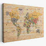 Detaylı Ahşap Görünümlü İngilizce Dünya Haritası Dekoratif Kanvas Tablo, Duvar Dekoru 1800