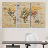Detaylı Ahşap Görünümlü İngilizce Dünya Haritası Dekoratif Kanvas Tablo, Duvar Dekoru 1800