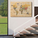 Detaylı Ahşap Görünümlü İngilizce Dünya Haritası Dekoratif Kanvas Tablo, Duvar Dekoru 1800