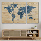 Ülke Başkentli Ahşap Görünümlü Türkçe Dünya Haritası Dekoratif Kanvas Tablo, Duvar Dekoru 1842