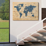 Ülke Başkentli Ahşap Görünümlü Türkçe Dünya Haritası Dekoratif Kanvas Tablo, Duvar Dekoru 1842