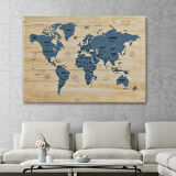 Ülke Başkentli Ahşap Görünümlü İngilizce Dünya Haritası Dekoratif Kanvas Tablo, Duvar Dekoru 1843
