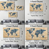 Ülke Başkentli Ahşap Görünümlü İngilizce Dünya Haritası Dekoratif Kanvas Tablo, Duvar Dekoru 1843